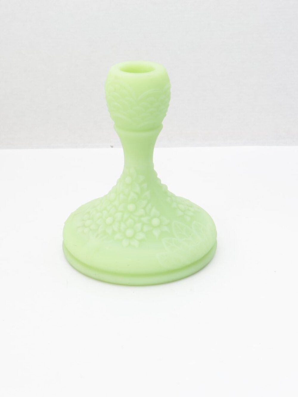 Fenton jadite Art Glass Uranium Jade Candlestick Orange Trees in bloom